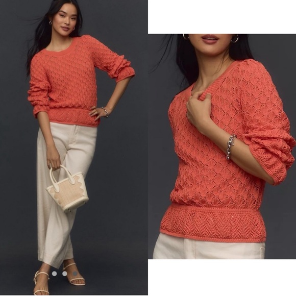 By Anthropologie Flounce-Hem Pointelle Sweater Pleated Sleeves Orange Size XL - Picture 2 of 13